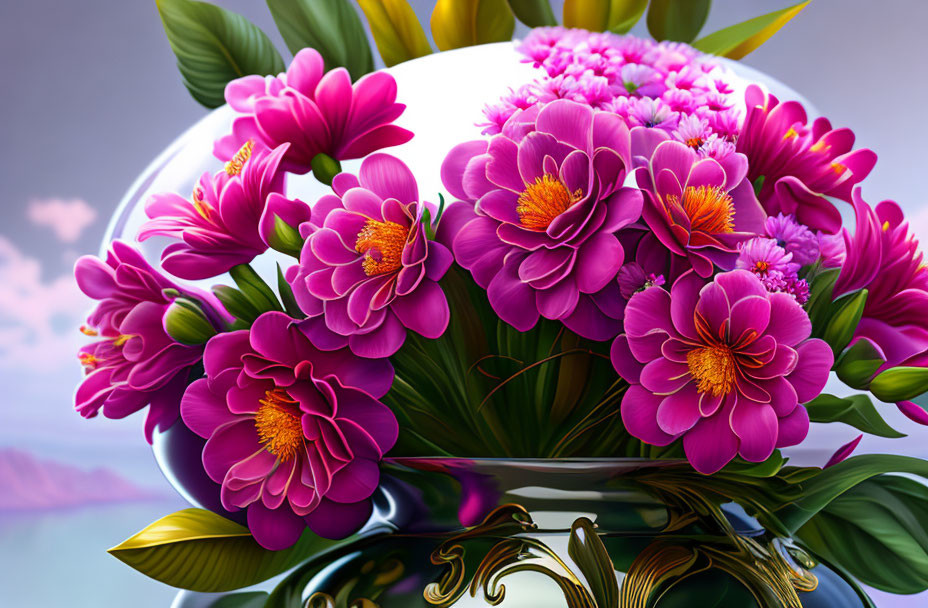 Pink Flowers with Yellow Stamens on Soft Purple Background