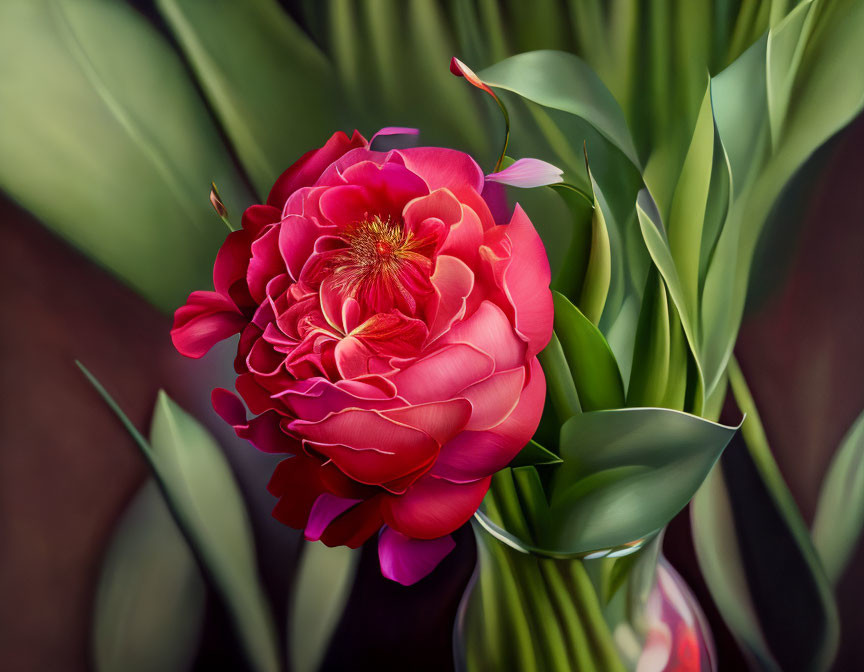 Vibrant red peony in full bloom against green backdrop