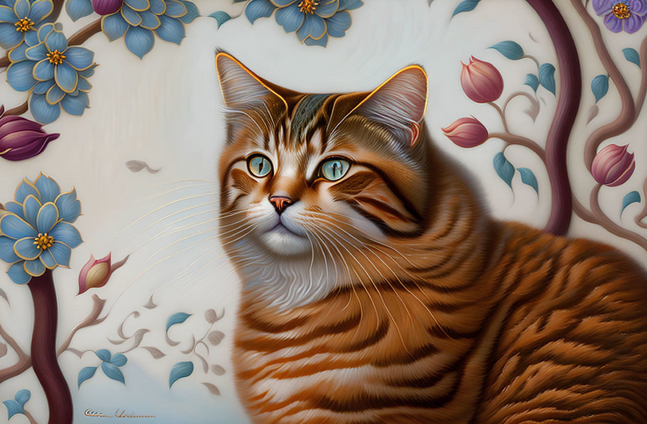 Detailed Illustration of Amber-Striped Cat with Green Eyes and Floral Patterns