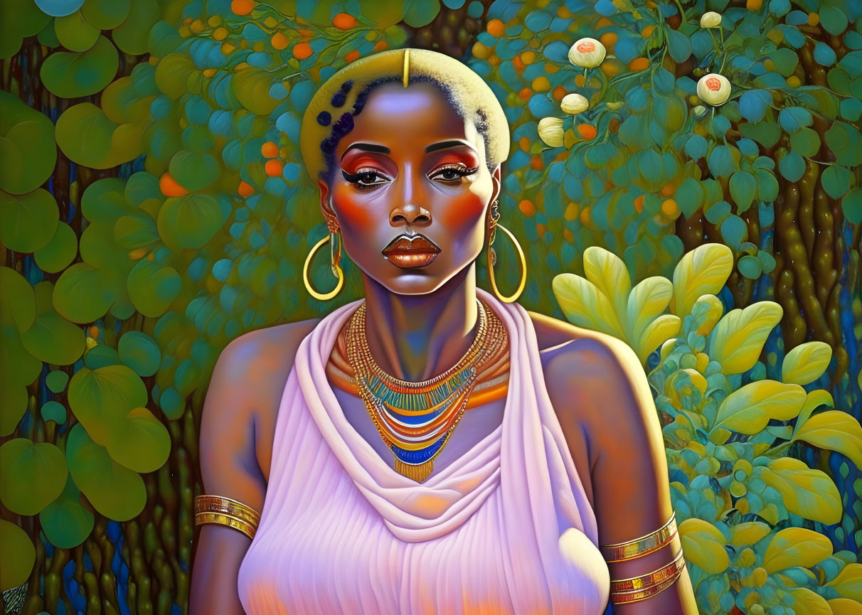Illustrated portrait of woman with striking makeup and jewelry against vibrant foliage.