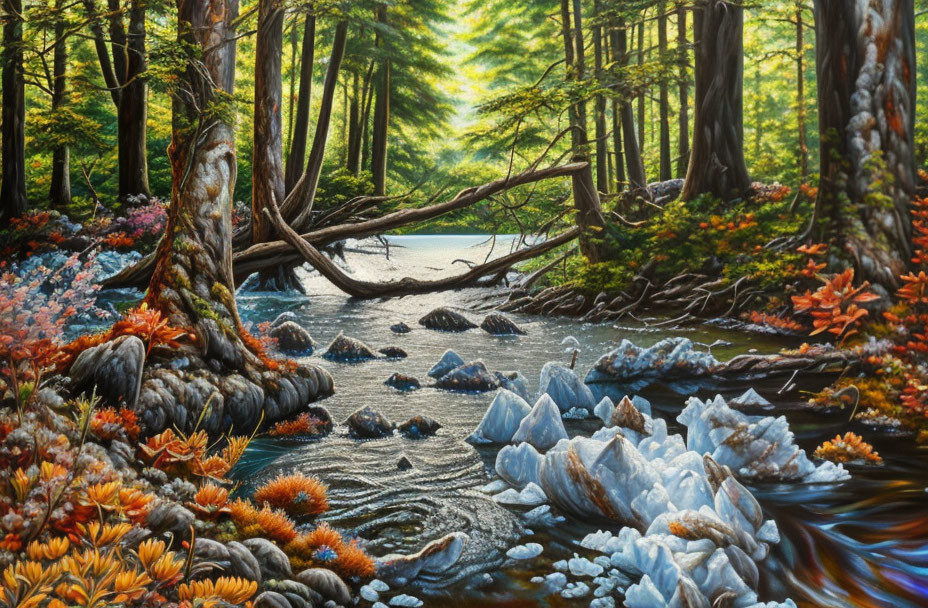 Serene forest landscape with stream, fallen logs, crystal formations, and lake