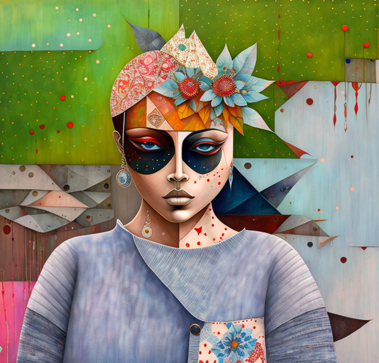 Colorful Digital Art Portrait of Stylized Woman with Patterned Crown