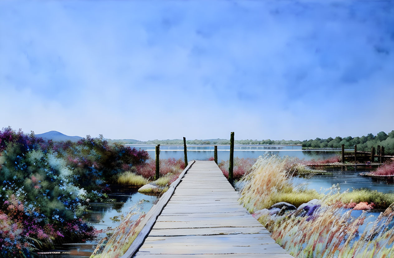 Tranquil painting of wooden dock on calm lake surrounded by nature