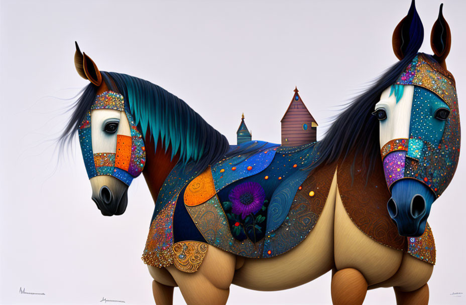 Stylized horses with vibrant patterned coats and decorative bridles in blue and orange.