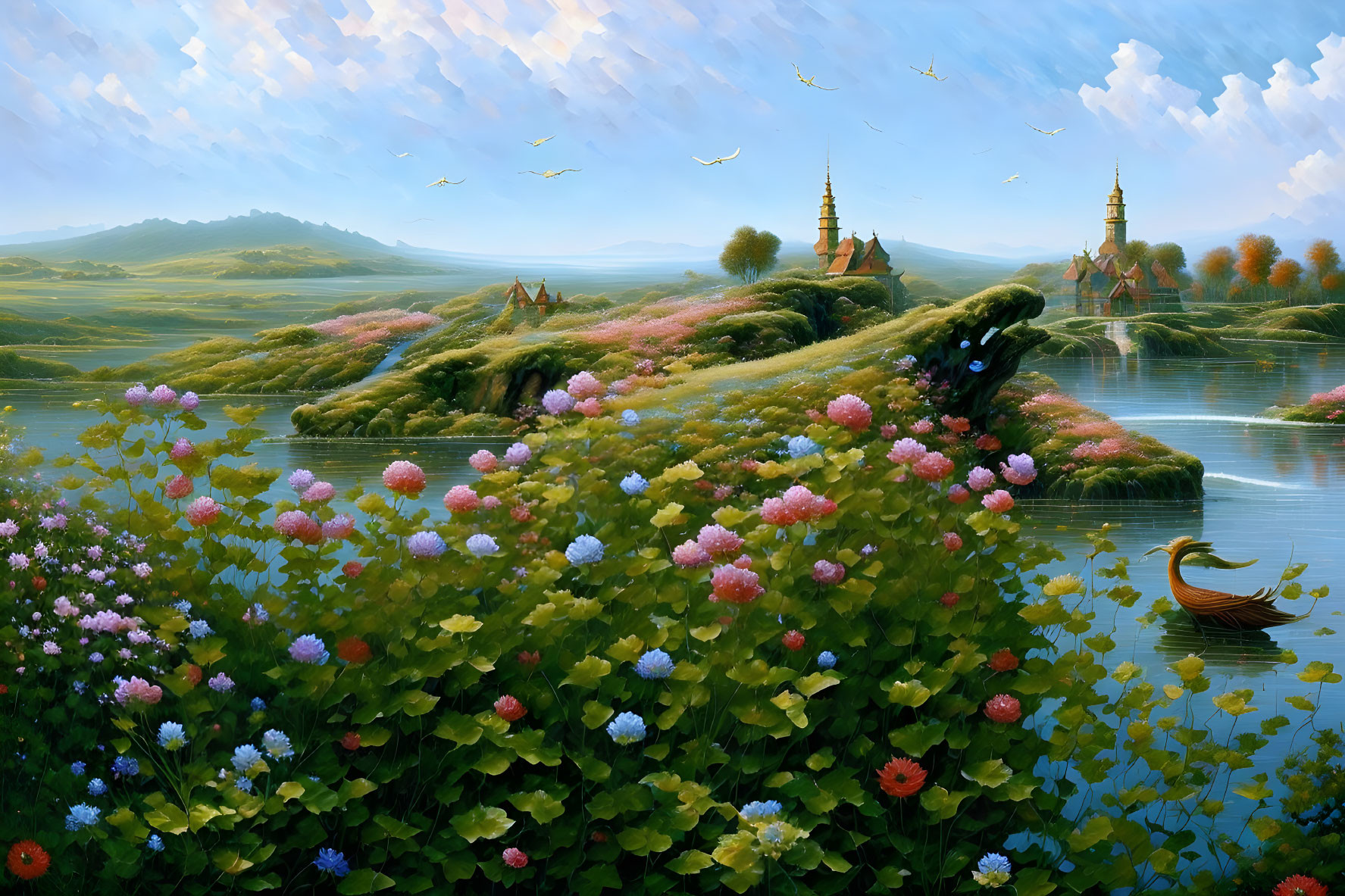 Tranquil landscape with green hill, river, spires, and birds