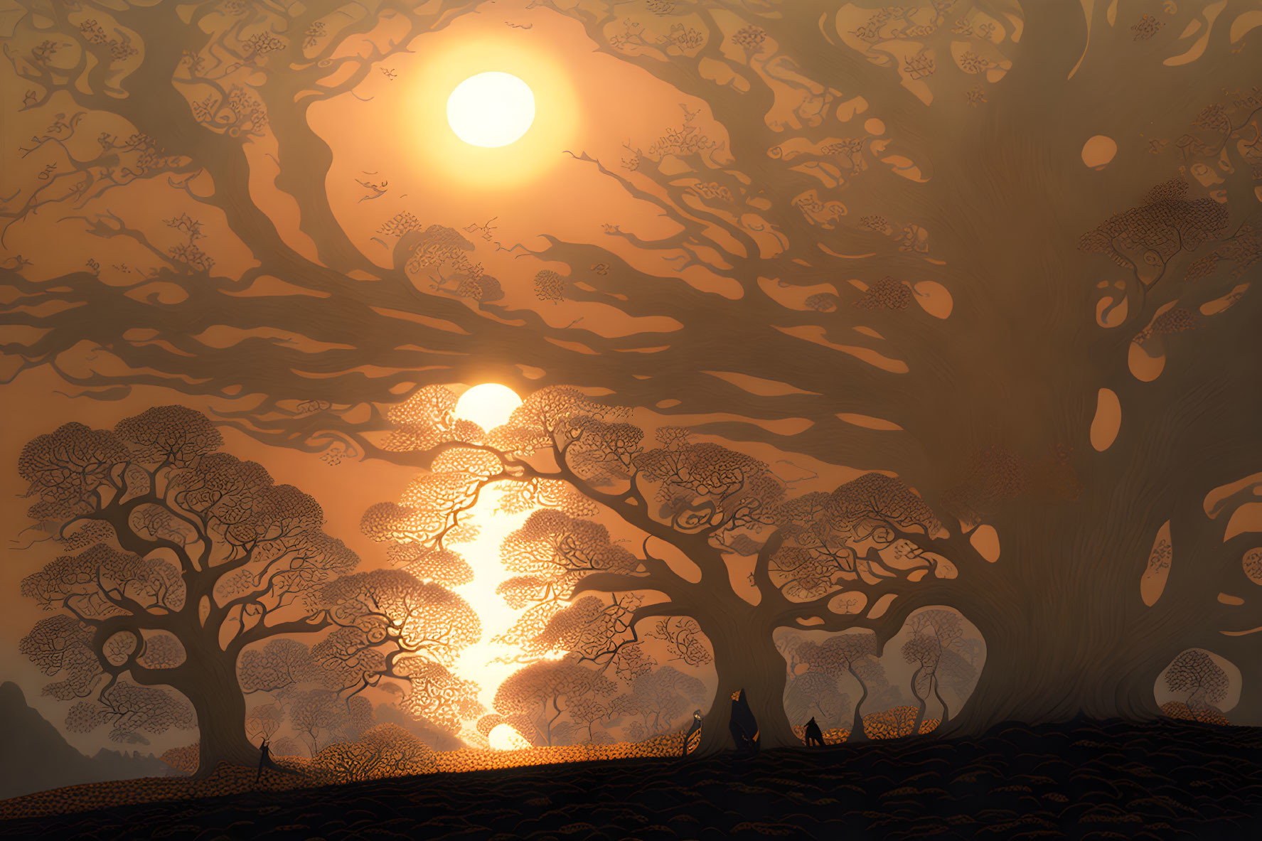 Surreal golden forest with silhouetted trees and small figures under glowing sun
