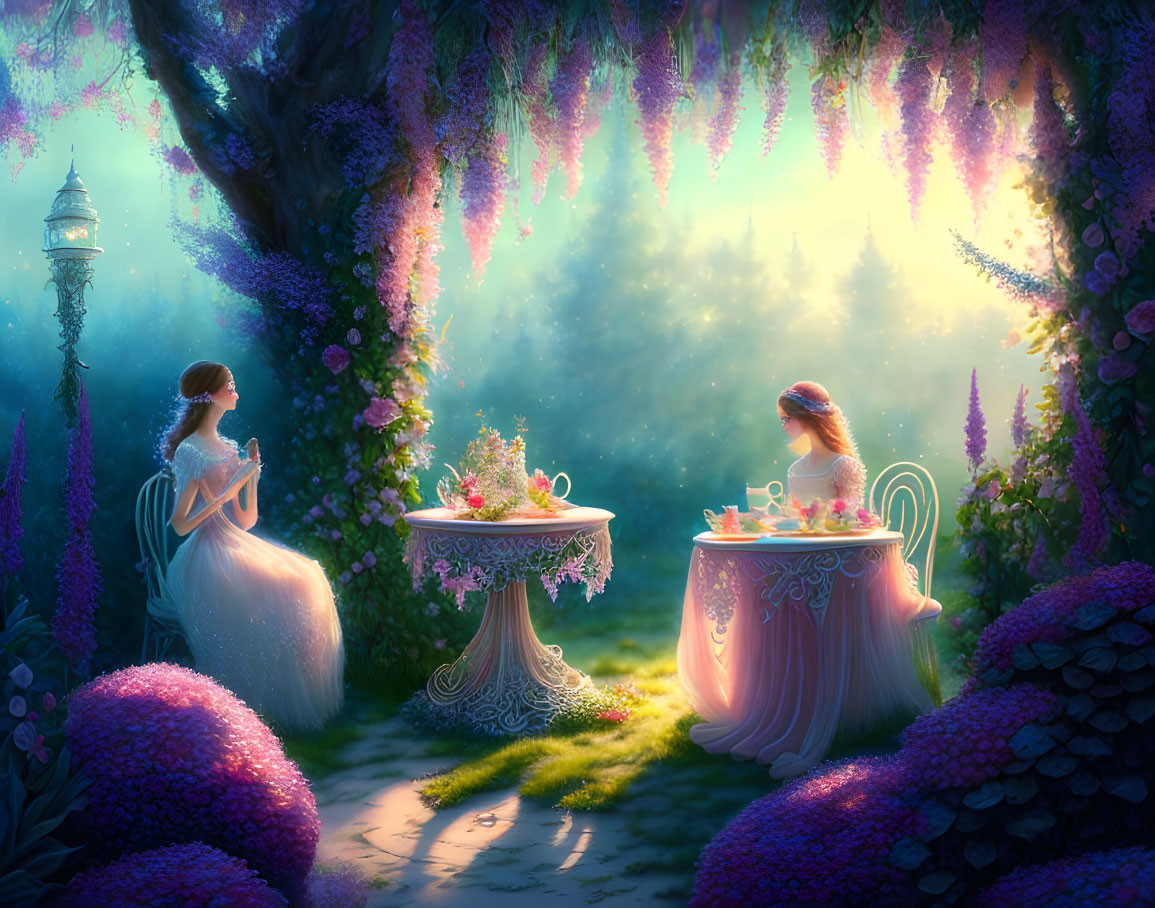 Elegantly Dressed Ladies in Fantastical Garden with Purple Flowers