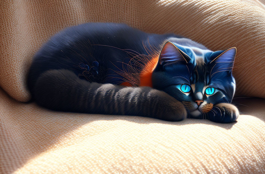 Black Cat with Blue Eyes Relaxing on Beige Couch in Sunlight