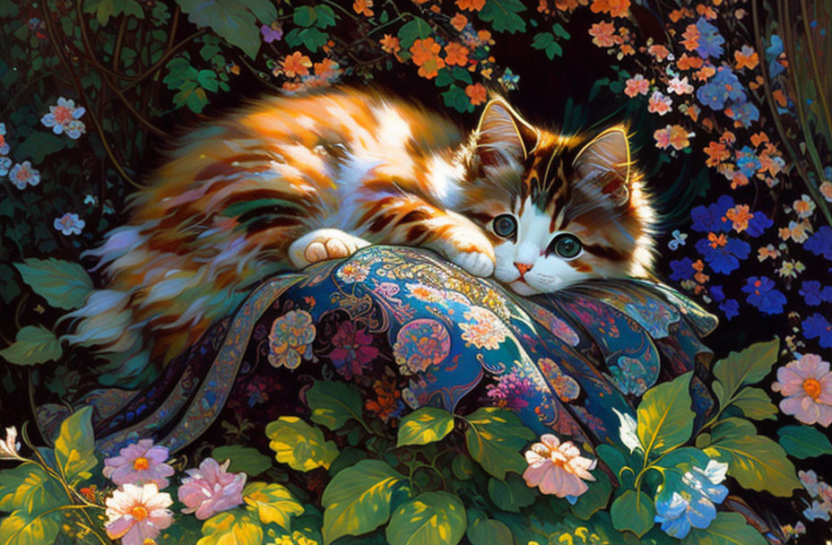 Calico Cat Resting on Colorful Cushion in Lush Garden