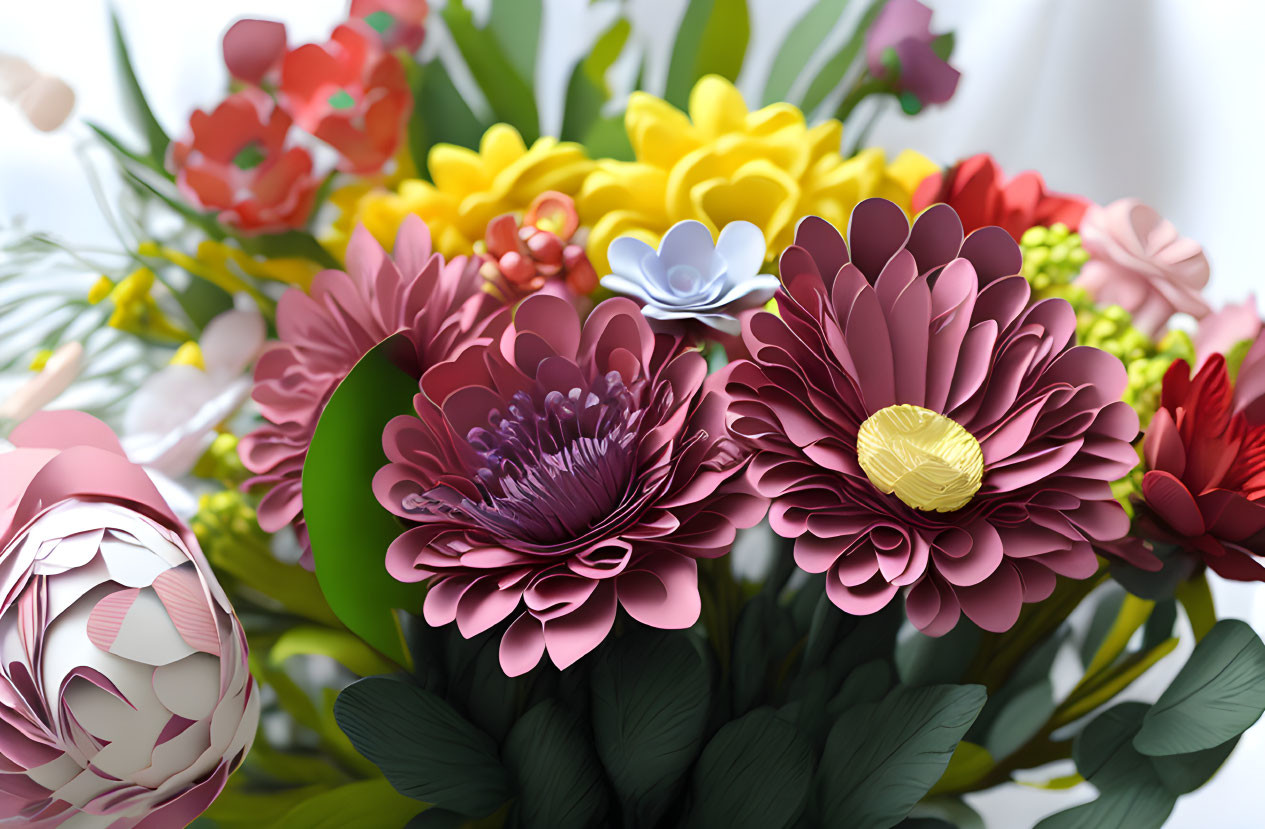 Colorful Paper Flowers and Patterned Eggs Display