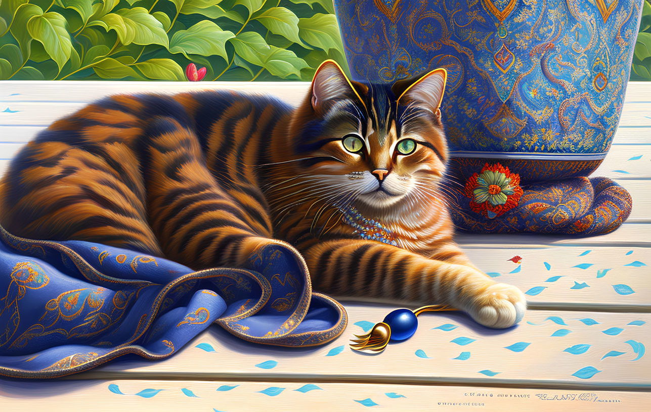 Striped cat next to blue vase on wooden bench with feather and bead, garden background