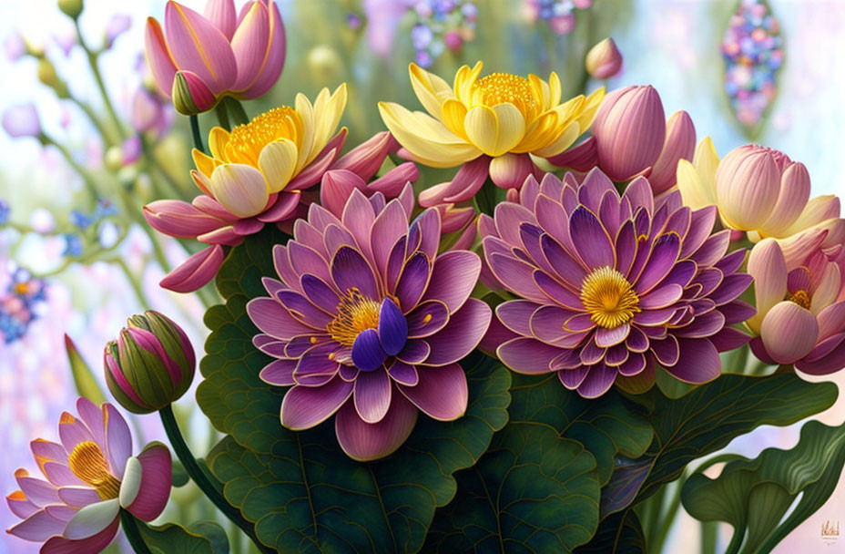 Colorful Illustrated Lotus Flowers in Purple and Yellow with Detailed Petals