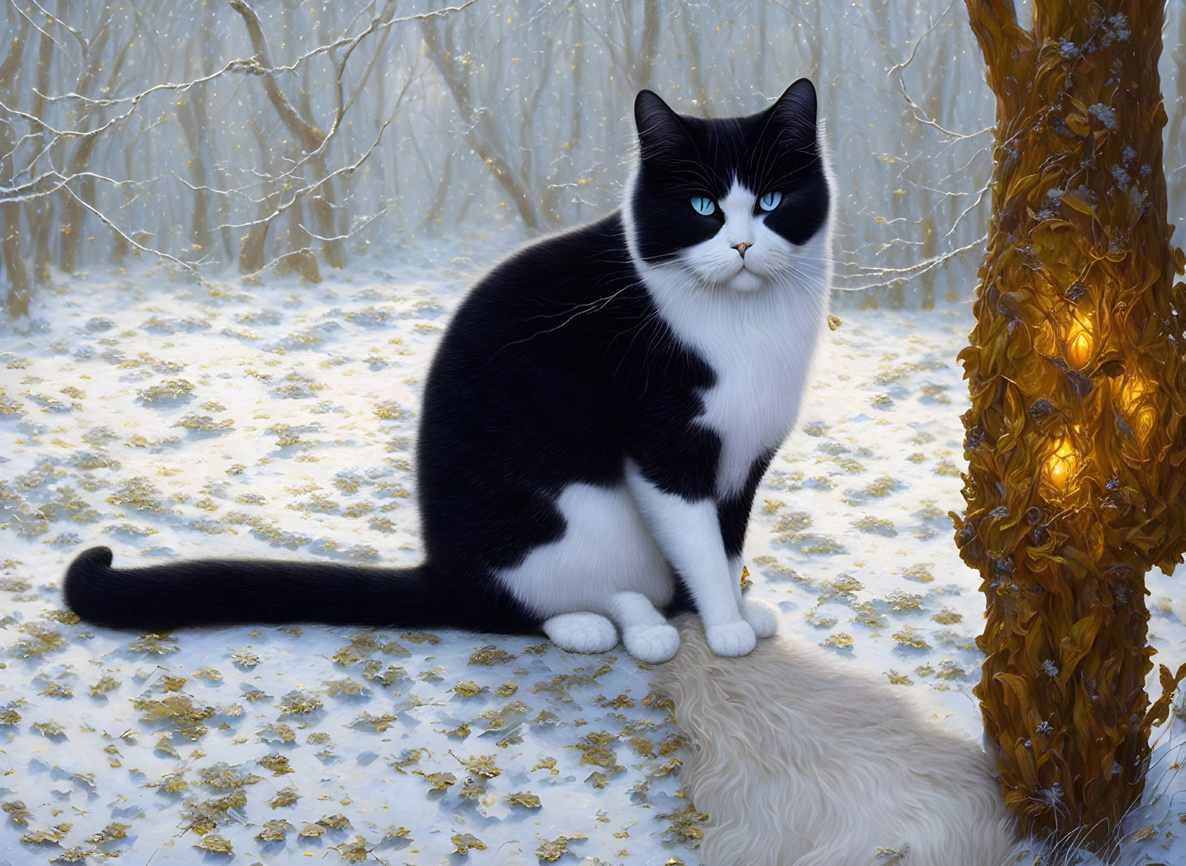 Black and White Cat with Blue Eyes in Snowy Landscape with Golden Leaves