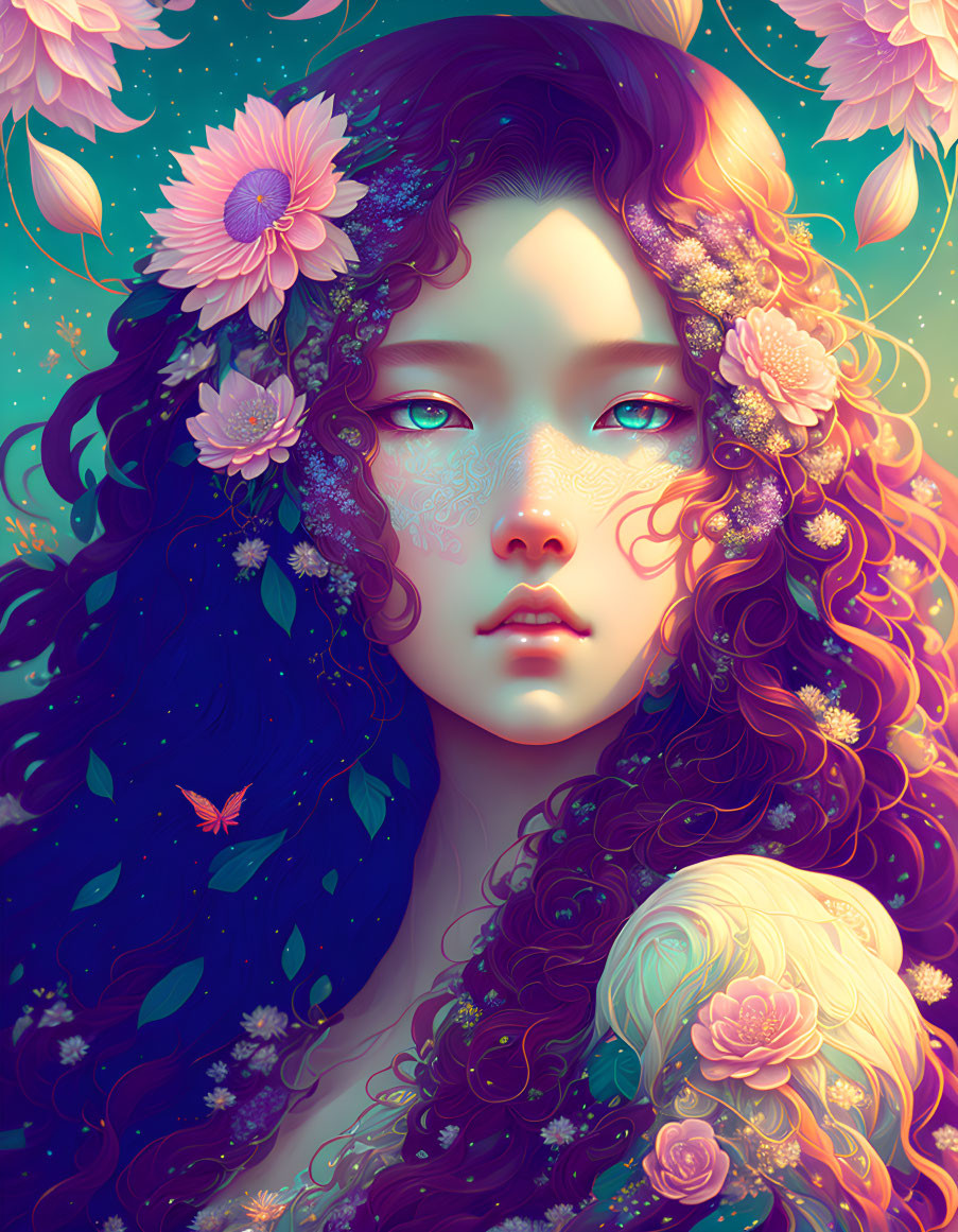 Digital artwork: Woman with blue eyes, surrounded by flowers and butterflies in vibrant colors.