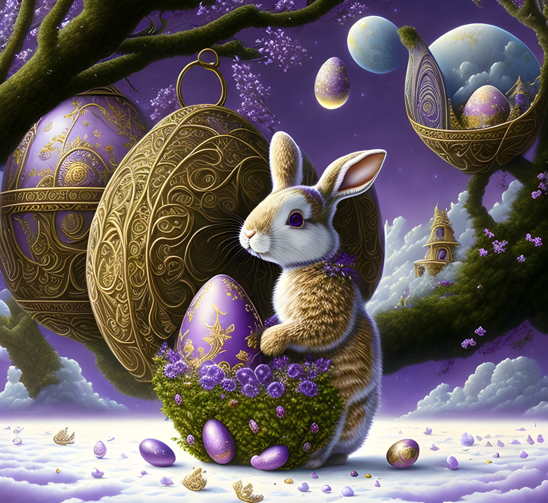 Whimsical rabbit and Easter eggs under surreal sky