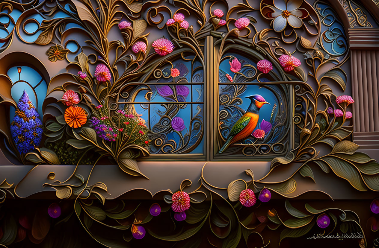 Floral-patterned window with vibrant bird and blooming flowers