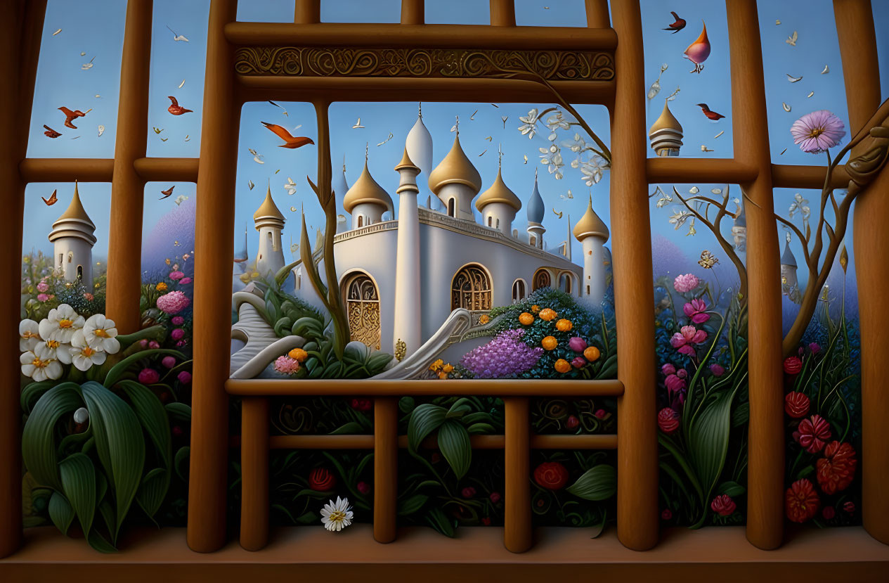 Palace with domes, flowers, and birds in whimsical painting
