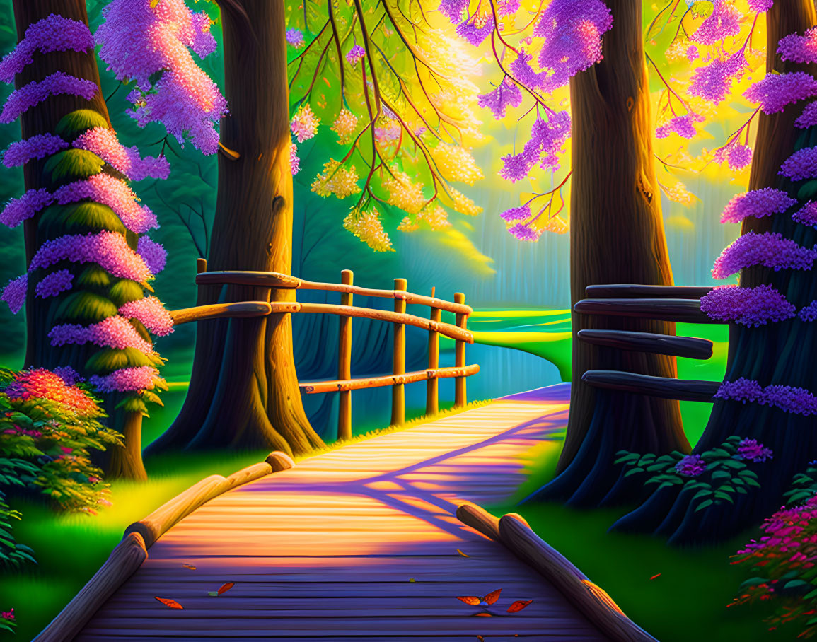 Colorful illustration: Wooden bridge in magical forest with purple blossoms and sunlight beams