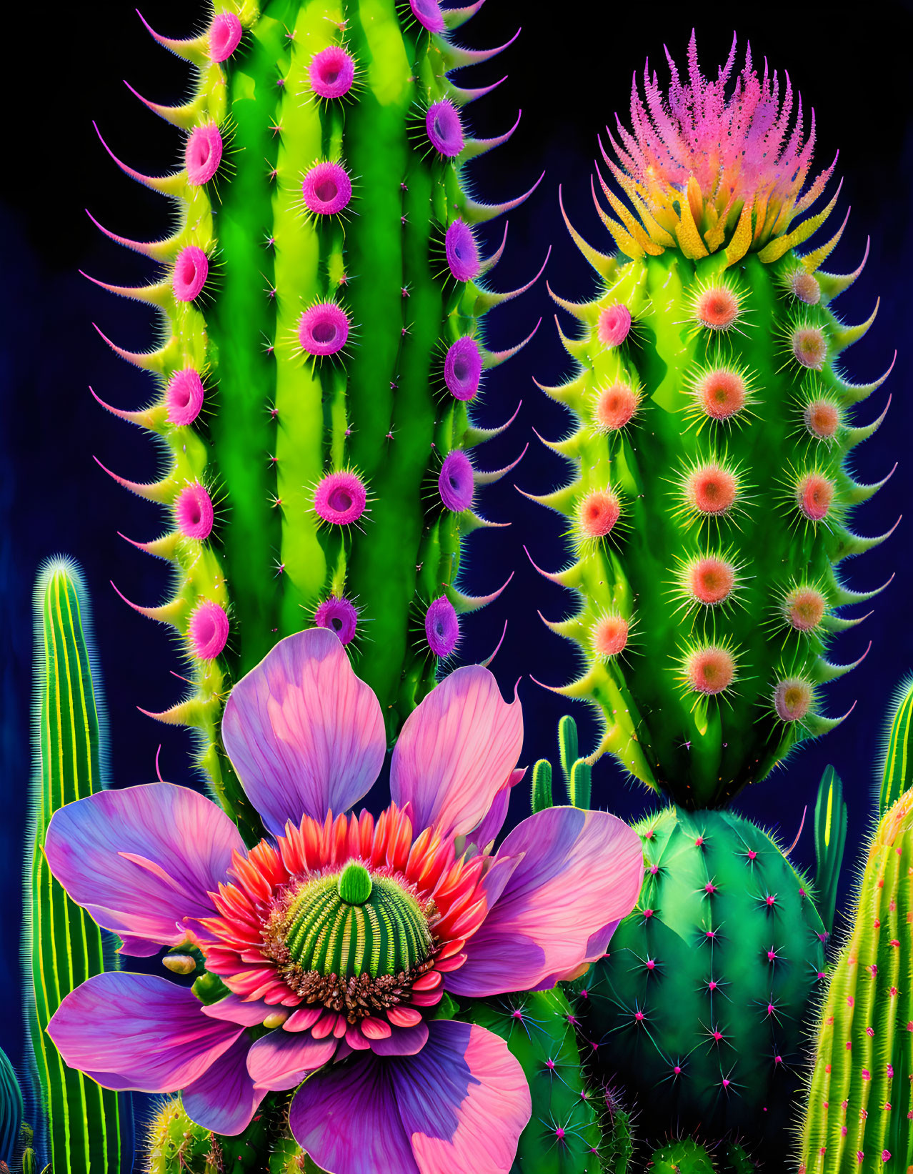 Colorful digital artwork: neon cacti & pink flower on dark backdrop