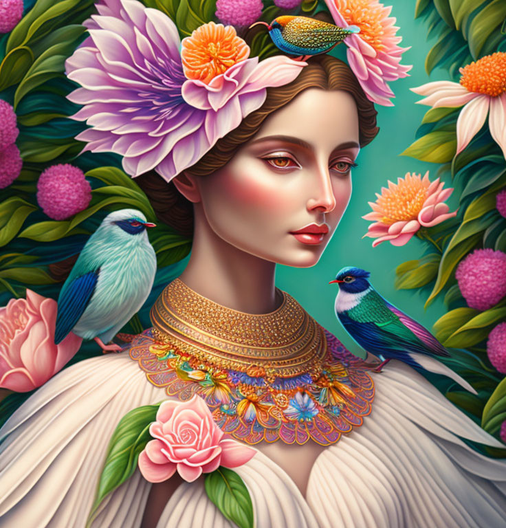 Colorful portrait of a woman with intricate necklace, vibrant flowers, and birds