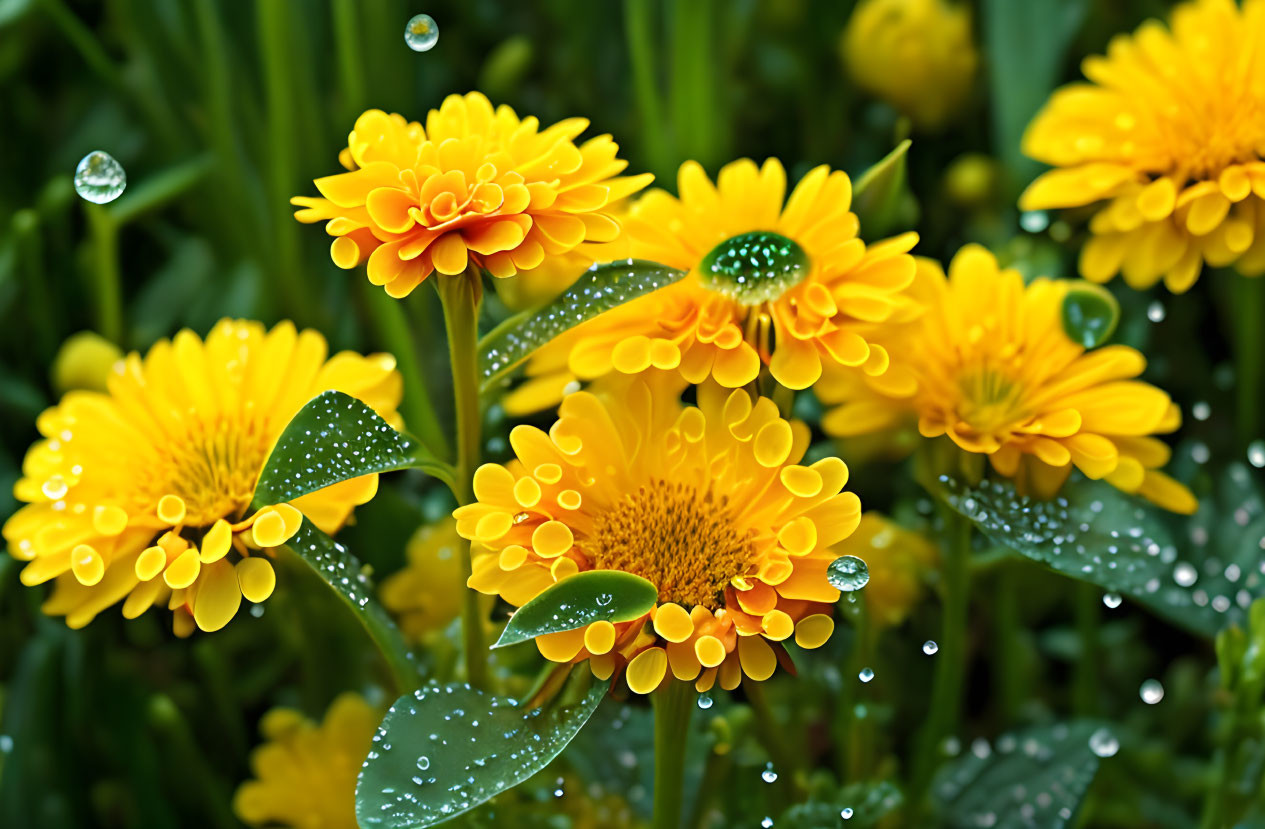 Vibrant yellow flowers with water droplets on petals and leaves on green backdrop