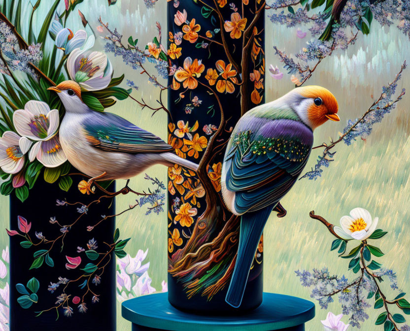 Colorful Stylized Birds Perched on Flowered Branches