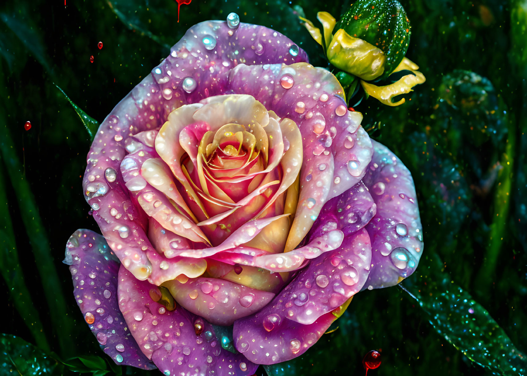 Close-up of multicolored rose with water droplets on petals against dark green background