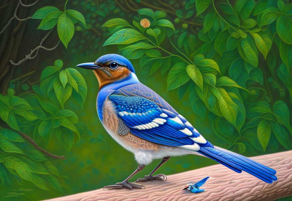 Colorful bird with blue feathers and orange chest perched on branch among green foliage