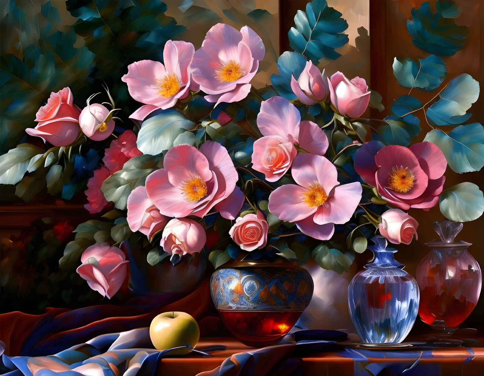 Colorful still life with pink roses, vases, glass jar, blue cloth, and apple.