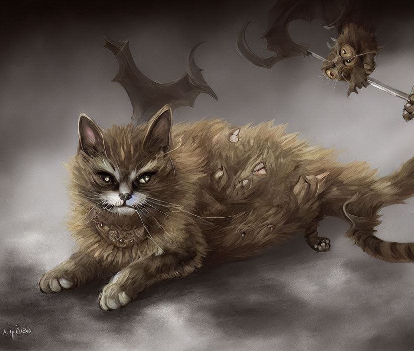 Fantastical cat with bat-like wings and multiple eyes surrounded by winged kittens.
