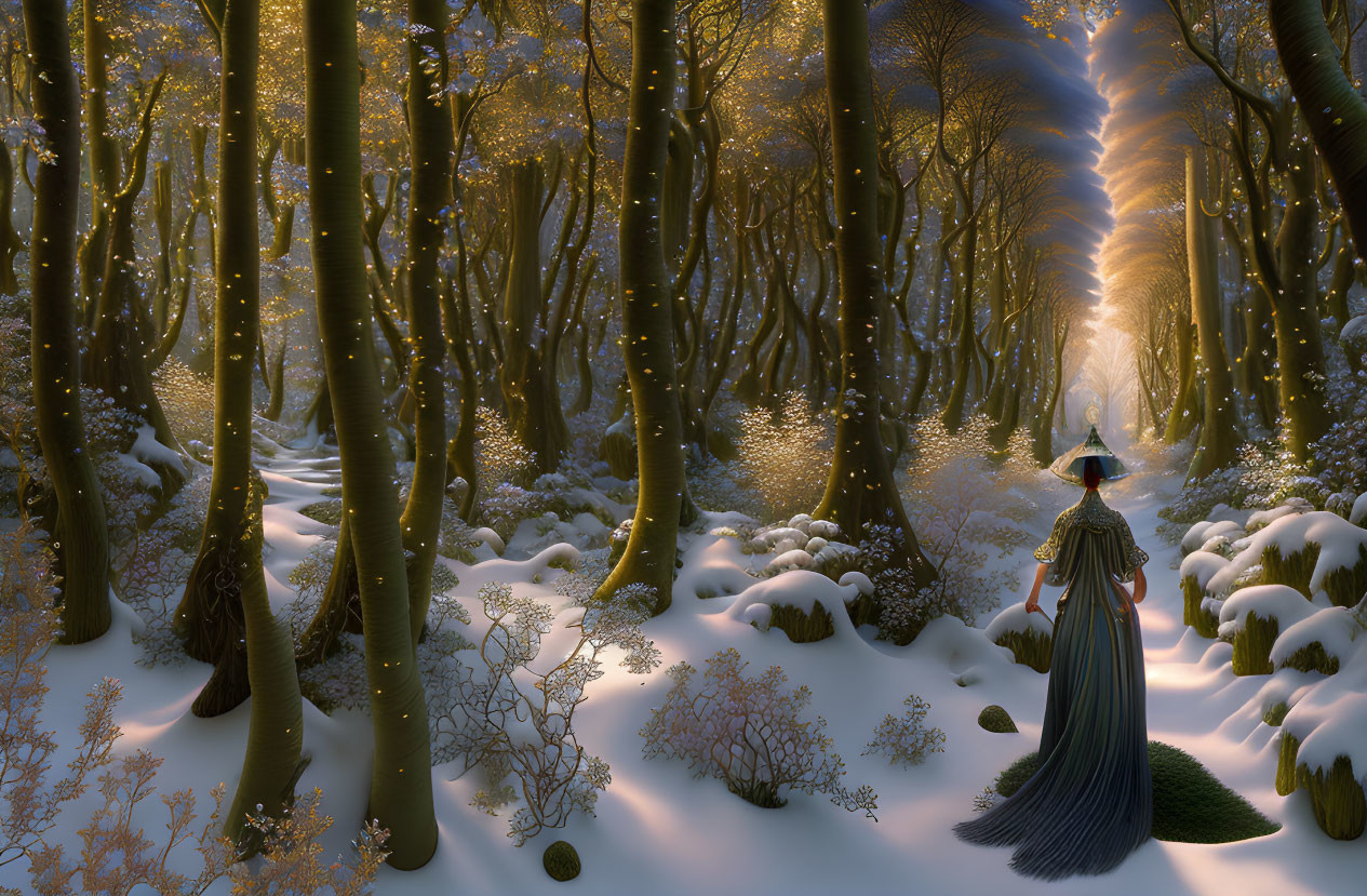 Mystical figure in cloak in snowy forest with golden light