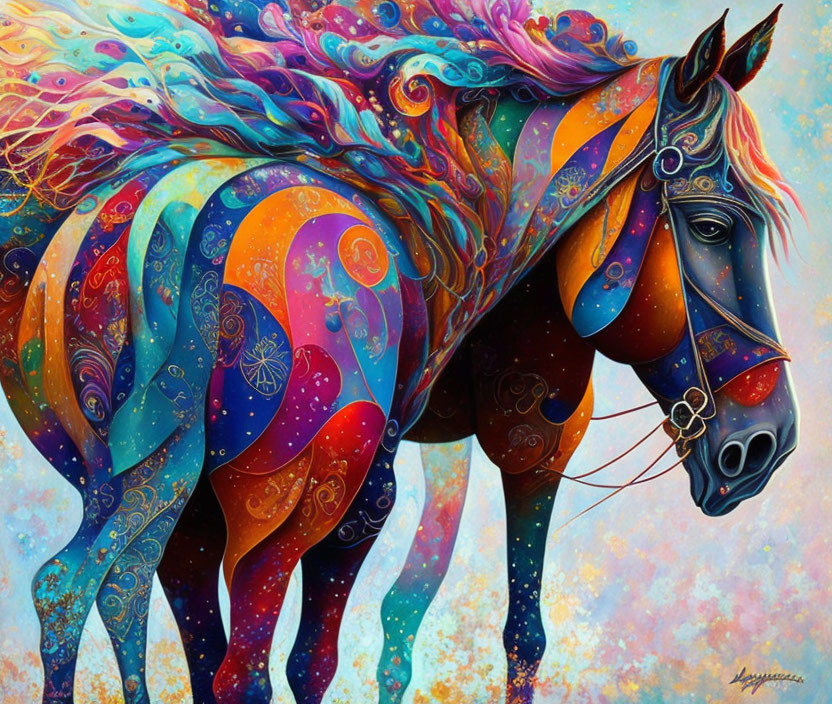 Colorful Horse Artwork with Psychedelic Patterns on Speckled Background
