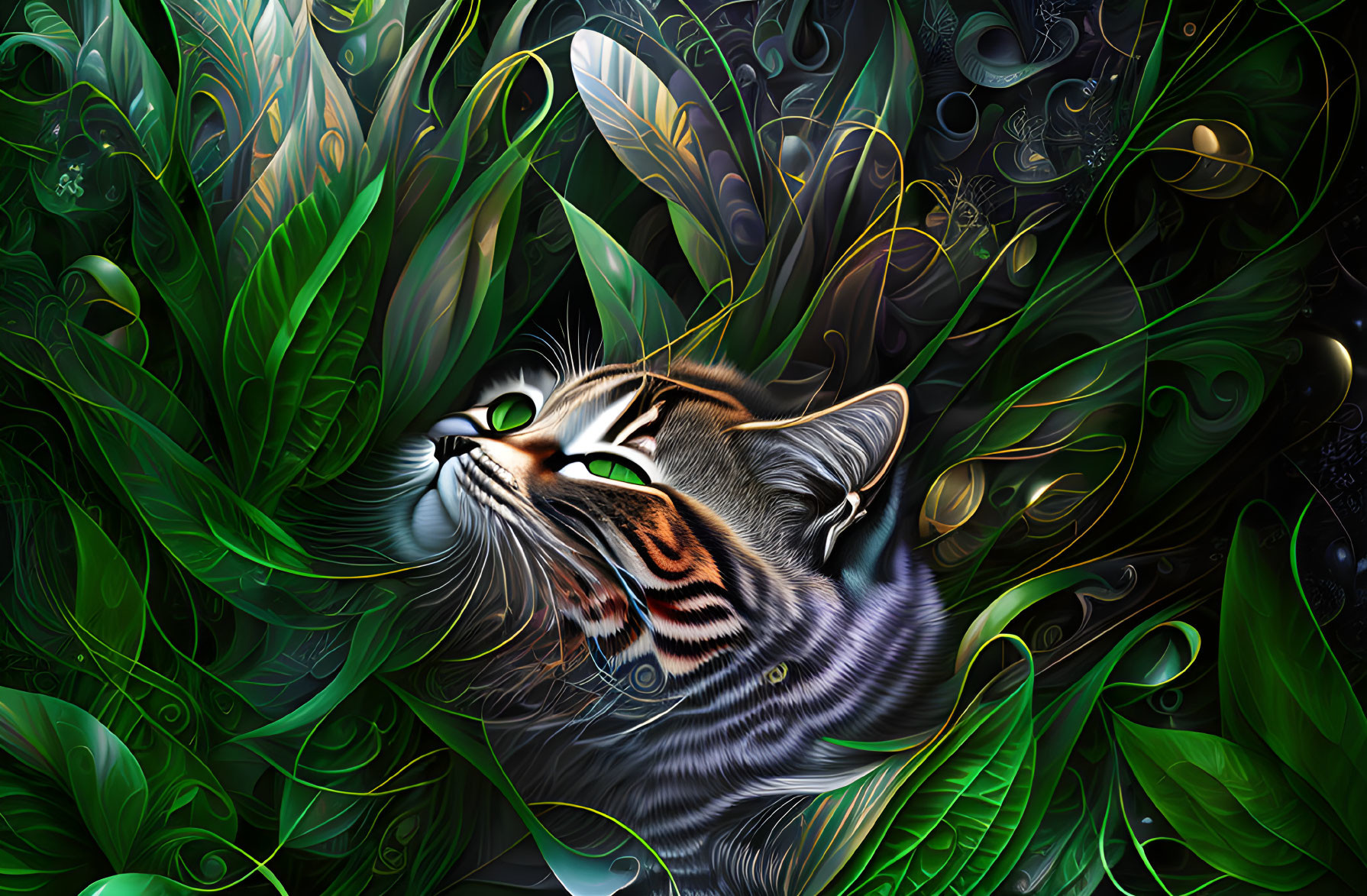 Striped cat with green eyes in vibrant green and black leaves and feathers