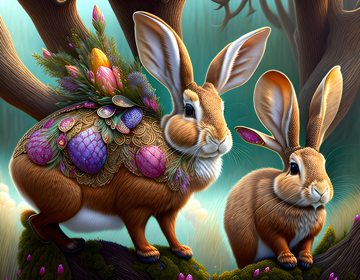 Colorful stylized rabbits in ornate patterns in enchanted forest setting