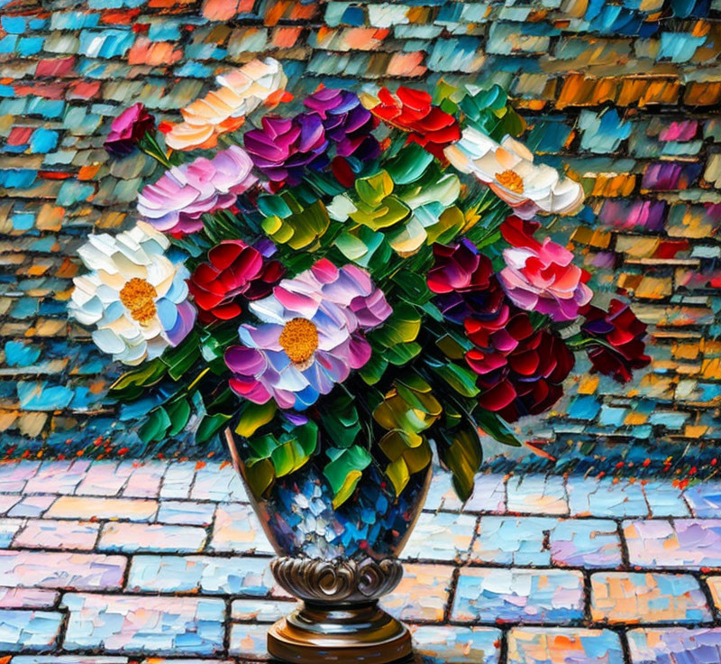 Vibrant impasto floral bouquet against brick wall and patterned floor