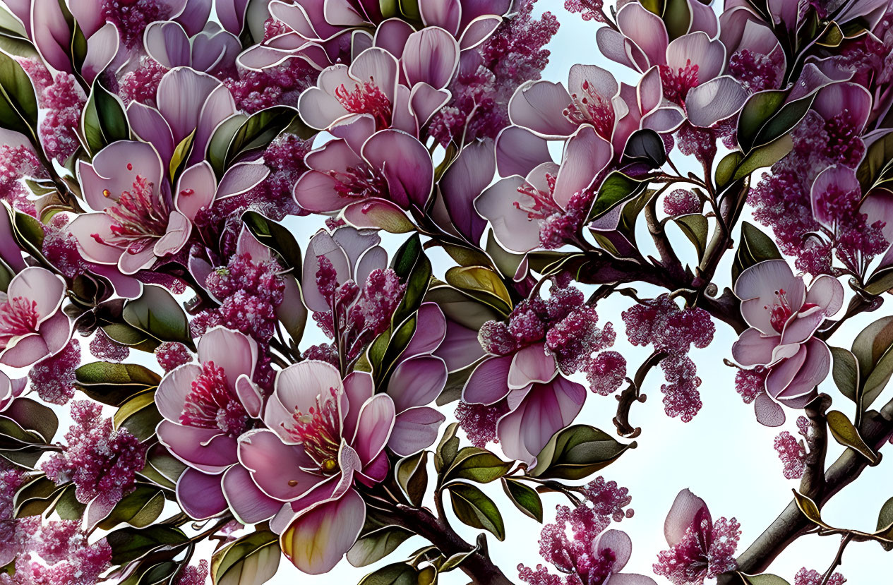 Detailed Pink Magnolia Blooms Illustration on Pale Background