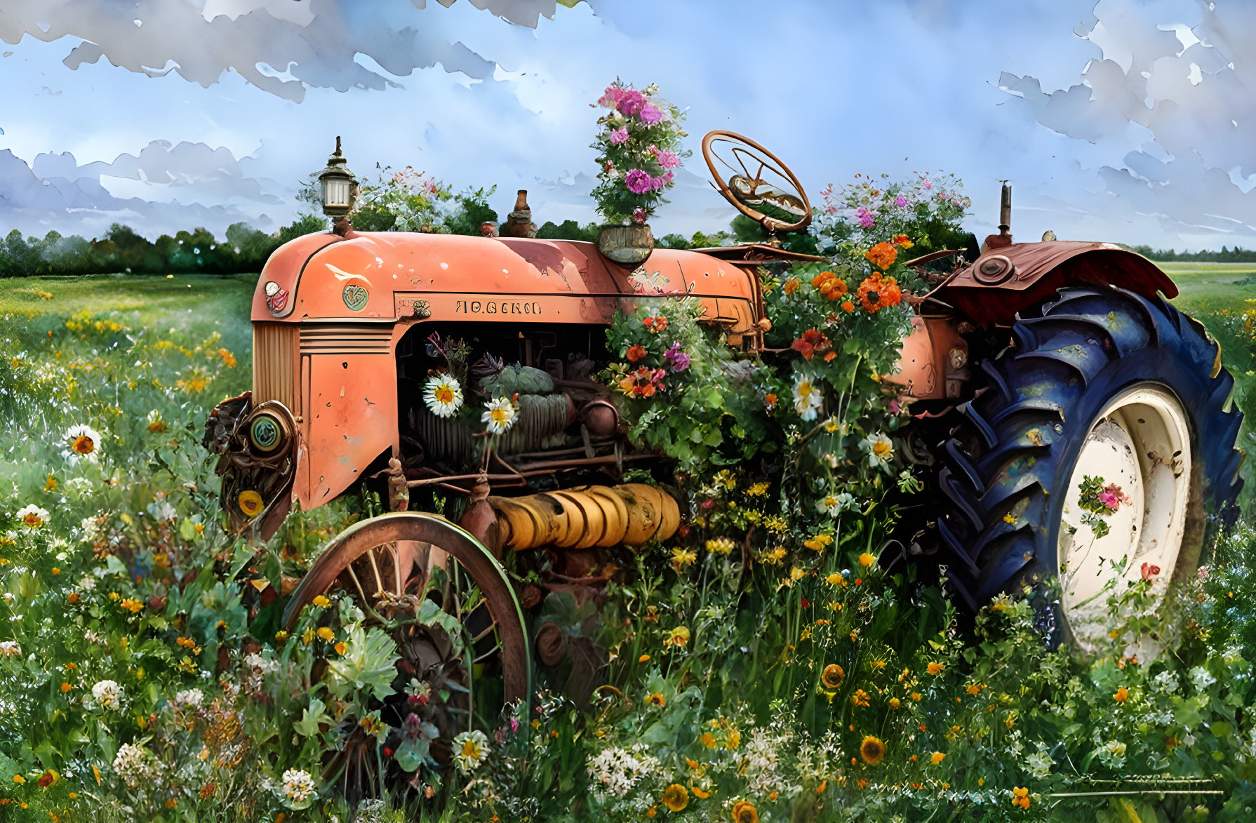 Vintage orange tractor with flower adornments in blooming field under blue sky.