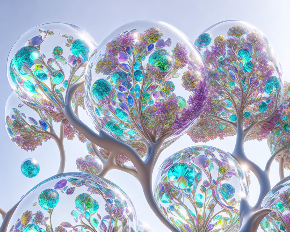 Colorful surreal image of trees in bubbles against bright sky