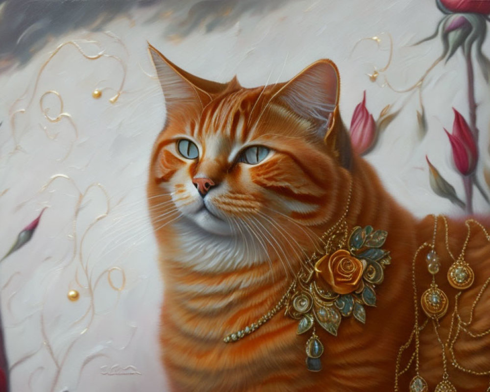 Orange Tabby Cat with Golden Jewelry Surrounded by Roses and Dreamy Background