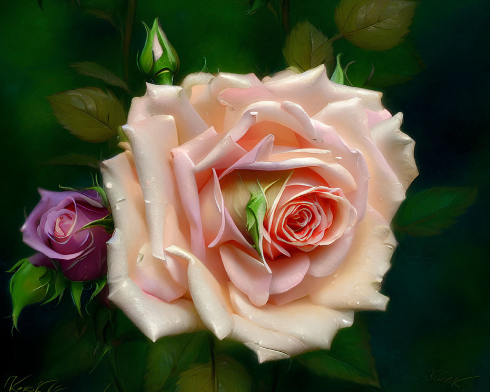 Colorful digital artwork: Large peach rose in full bloom with purple bud and green leaves on dark green