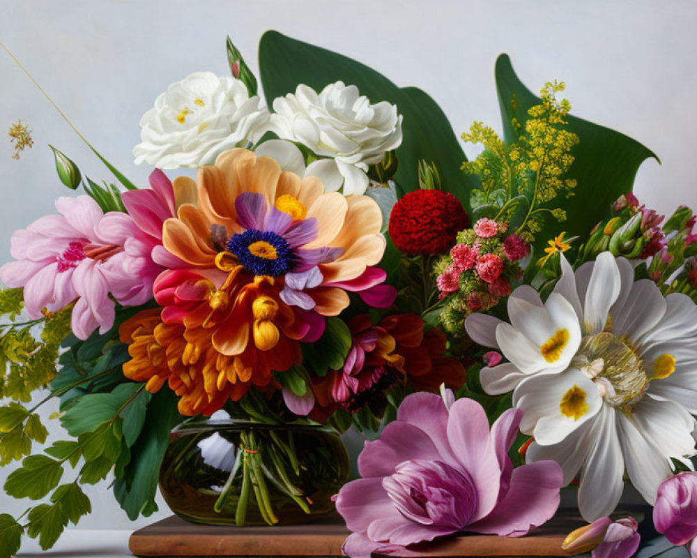 Colorful Flower Bouquet with Dahlias and Tulips in Glass Vase on Wooden Surface