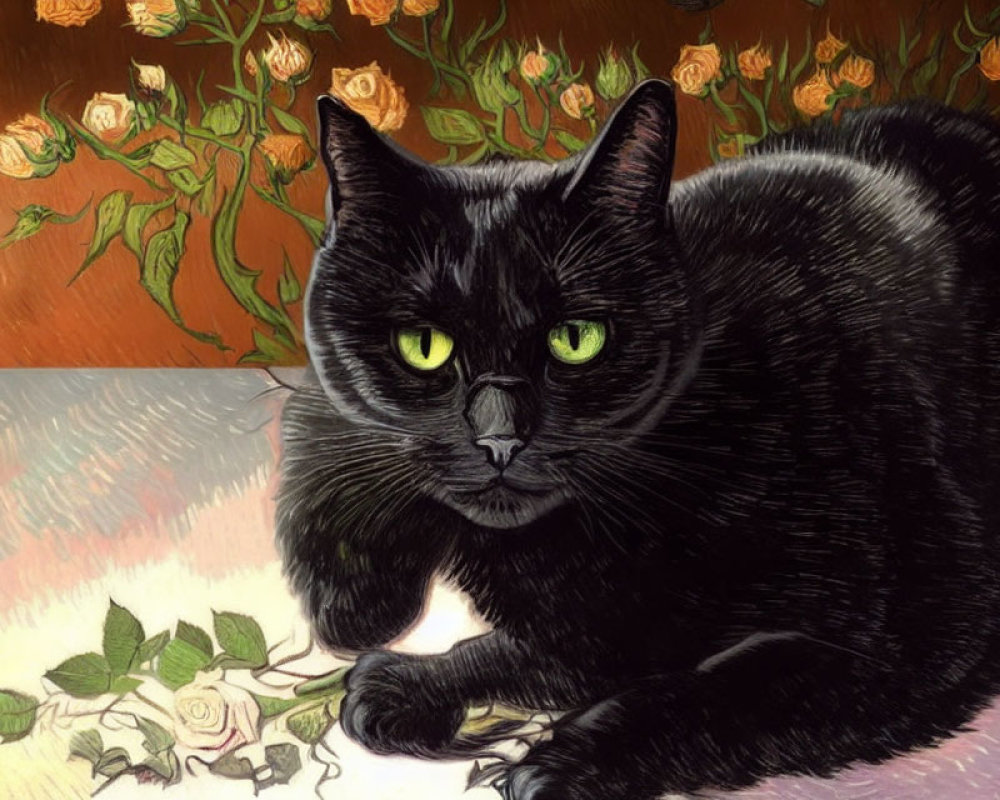 Black Cat with Green Eyes Resting on Floral Surface with Roses