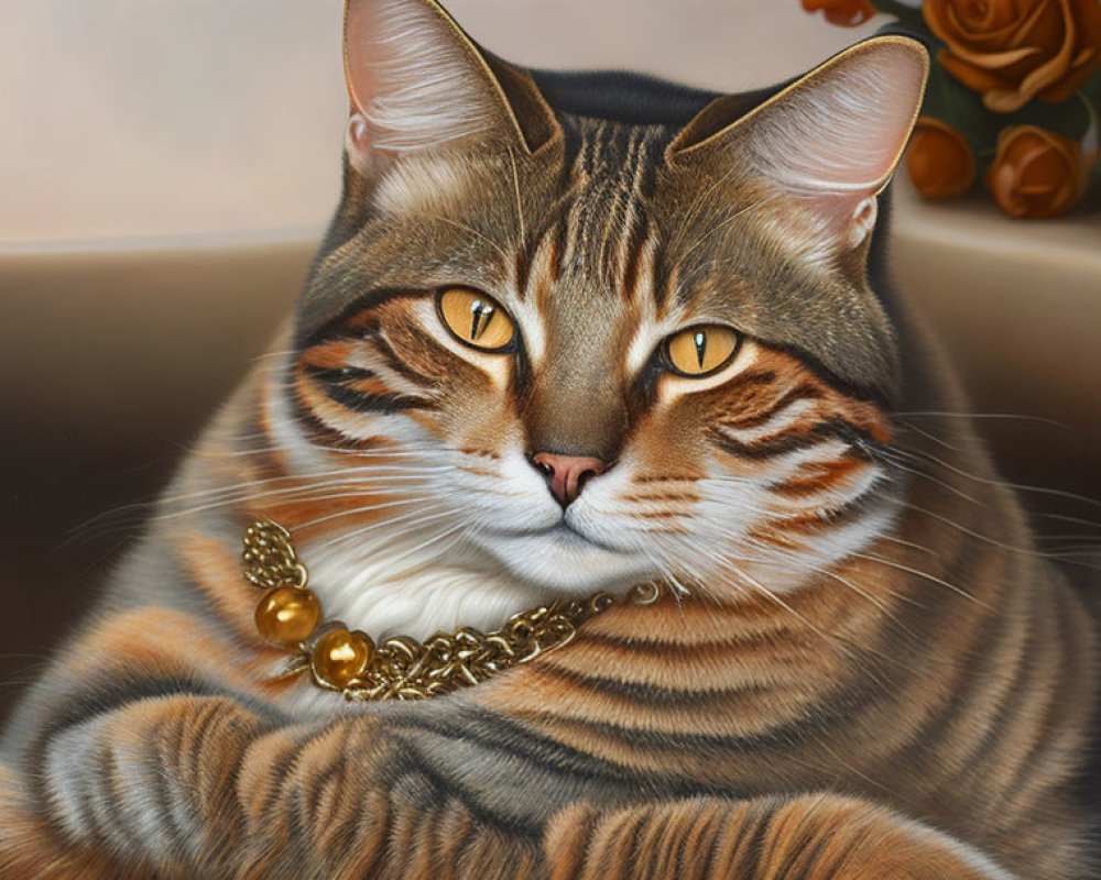 Realistic Painting of Domestic Cat with Amber Eyes and Gold Necklace on Rose Background