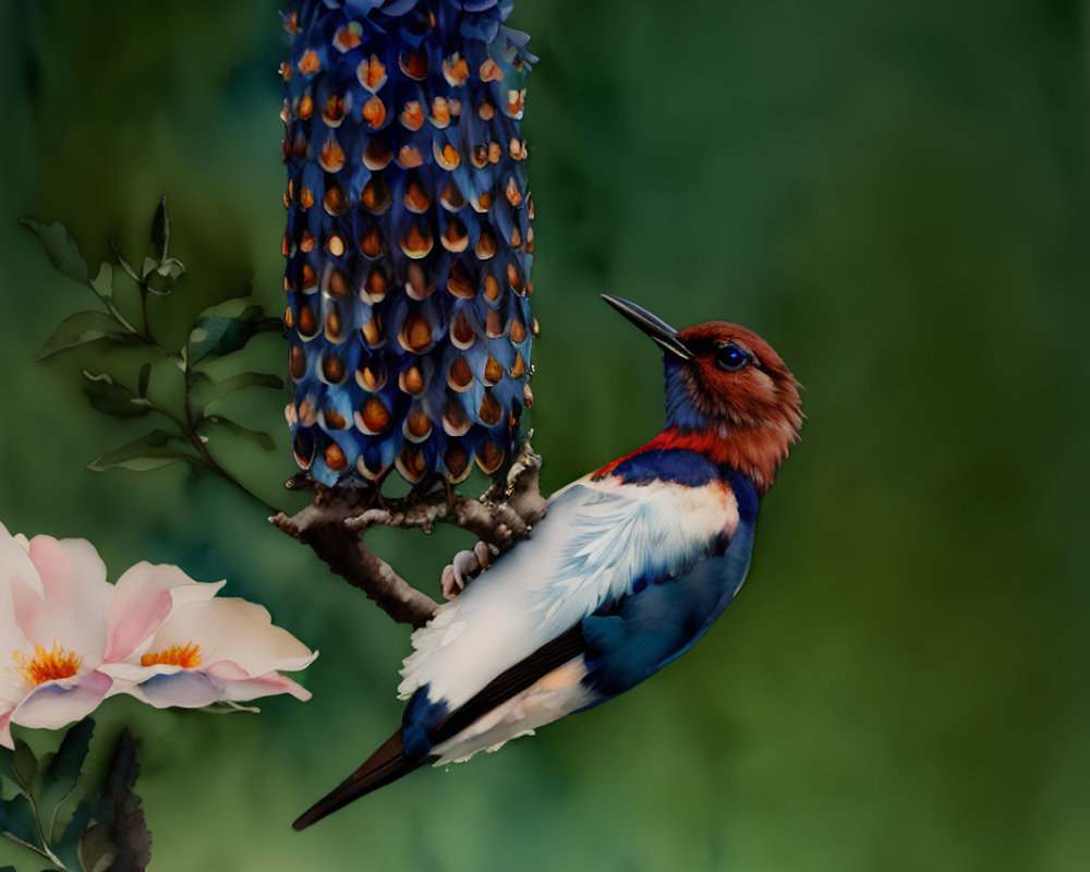 Colorful Bird on Branch with Blue Feathers and Pink Flowers in Blurred Green Background