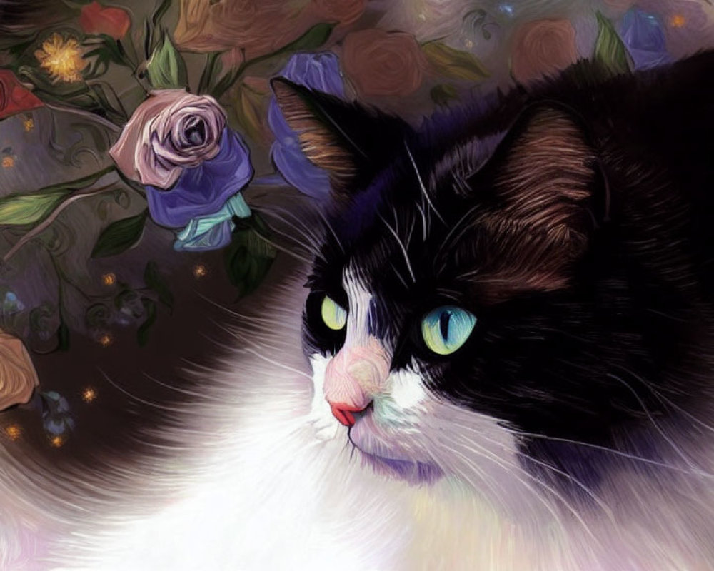 Monochrome cat with green eyes among vibrant roses and artistic backdrop