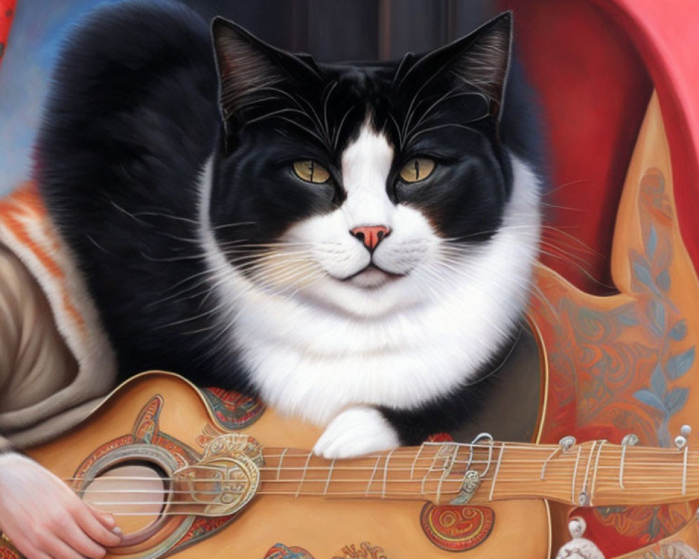 Detailed painting of black and white cat with guitar in vibrant colors