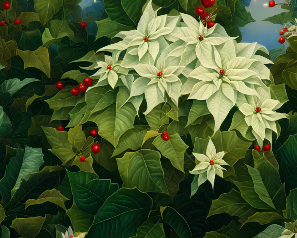 Green foliage, white poinsettias, and red berries in holiday-themed illustration