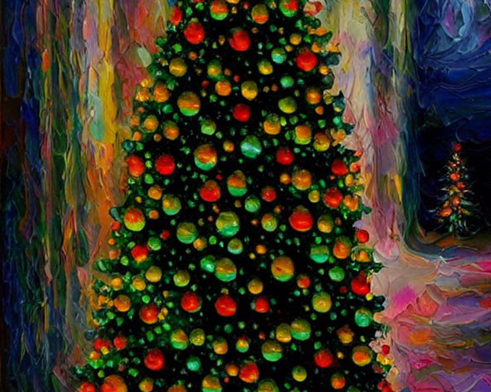 Colorful Impressionist Painting of Decorated Christmas Tree