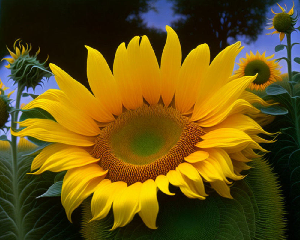 Bright Yellow Sunflower Against Green Leaves and Dusk Sky