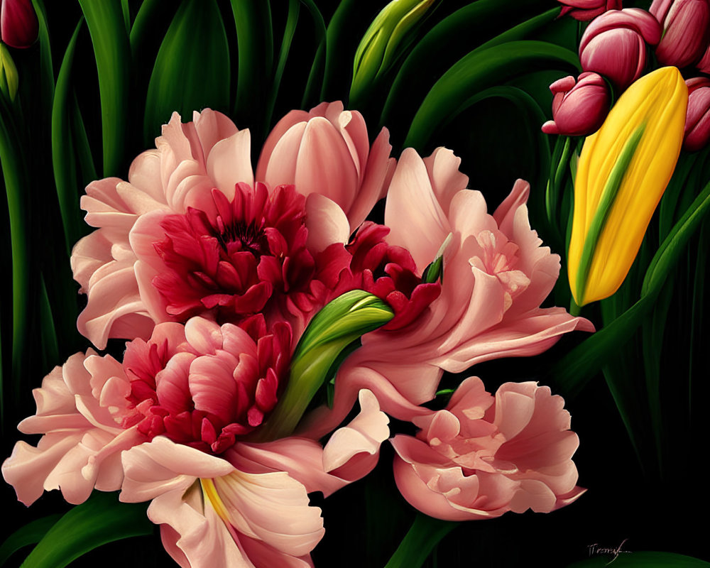 Colorful Bouquet of Red and Pink Flowers on Dark Background